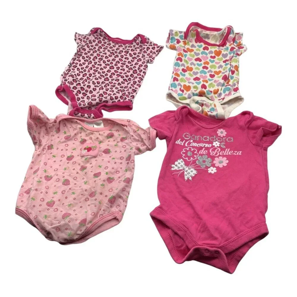 Baby Girl Bodysuit Lot Of 4 Sz 6-12M Strawberry Heart & Leopard Print Pink White